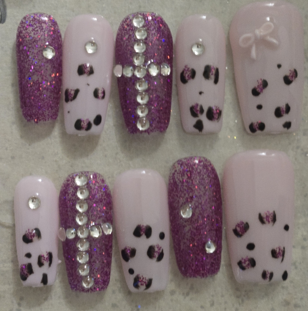 Pink Glitter Leopard Press-On Nails with Rhinestones, Medium Length Square Shape